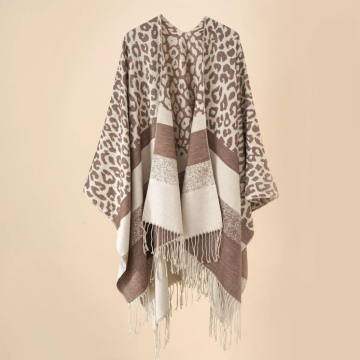 Winter Leopard Stripe Fashion Shawl Plaid Poncho Fringe