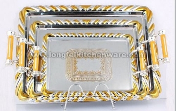 3PCS rectangle mirror polished stainless steel tray with yellow plastice handle