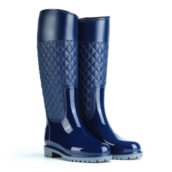 Hot Selling Blue Women's High Tube Diamond Lattice PVC Boots - Waterproof Rain Boots