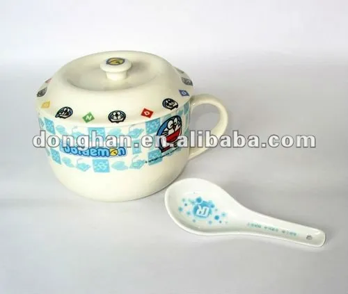 ceramic soup mug with handle spoon and lid,
