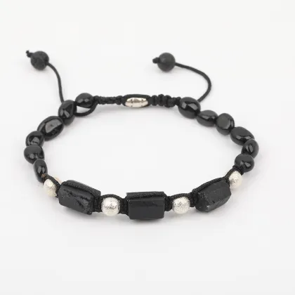Boho Style Adjustable Black Tourmaline Beaded Bracelet