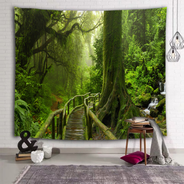 Forest Natural Wall Tapestry Green Trunk Wooden Bridge Tapestry Wall Hanging for Livingroom Bedroom Dorm Home Decor