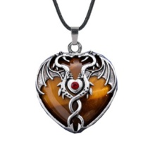 Yellow Tiger Eye Stone Heart Antique Silver Double Dragon Stone Pendant (32x42mm) Necklace 45cm Black Cord