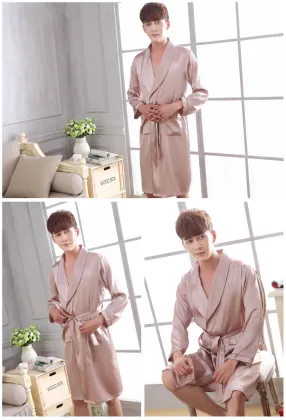 Men's long faux silk robe nightgown sleepwear