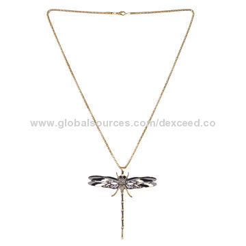 Dragonfly Pendant Necklace, Black and White Enamel, Gold-plated Mesh Chain, Multicolored Available