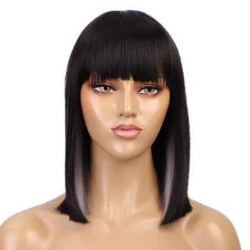 Hot sell Black White Natural Straight Hair Wigs for Black Women Synthetic Wigs with Bang Middle Part Heat Resistant Wig