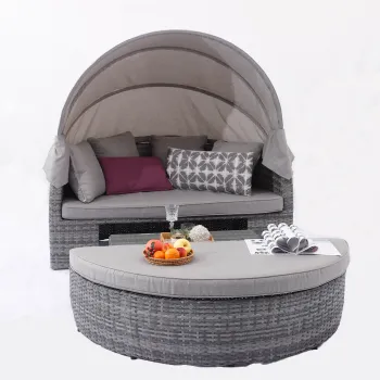 Outdoor Round Patio Furniture Set with Cover and Rattan Sunbed