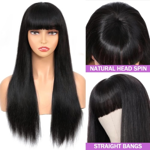 Straight Human Hair Wigs with Bangs 14 inch