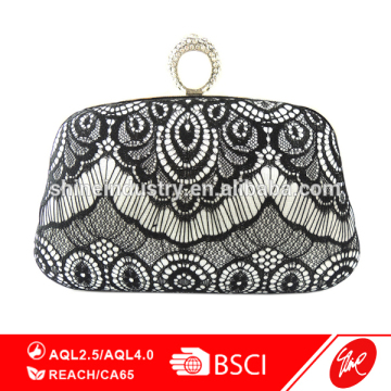 Black Lace Crystal Knuckle Ring Clutch Evening Bag