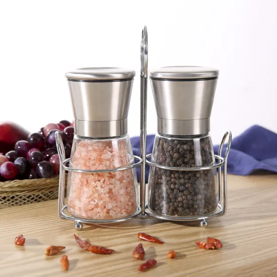 Ceramic Burr Salt and Pepper Mill Set: Including Stand and Cleaning Brush