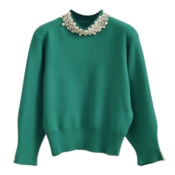 Women's Custom French Fashion Green Crew Neck Sweater with Pearl Knit