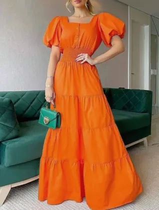Summer lady dress bubble sleeve long dress