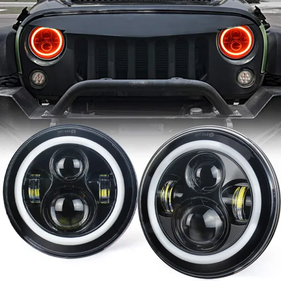 Wukma Motorcycle 7" LED H4 Headlights with Halo Angel Eye for Jeep Wrangler JK TJ 1997-2018