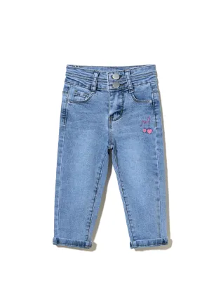 Customized Logo Pink Embroidered High Waisted Straight-leg Jeans for Kids