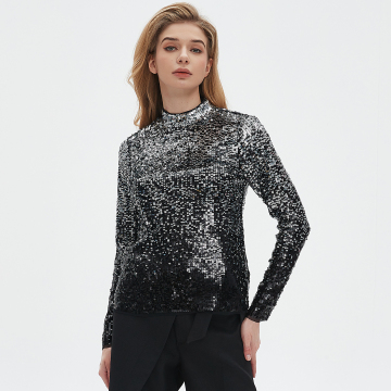 Sequined stand up collar long sleeved top