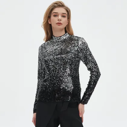Sequined stand up collar long sleeved top