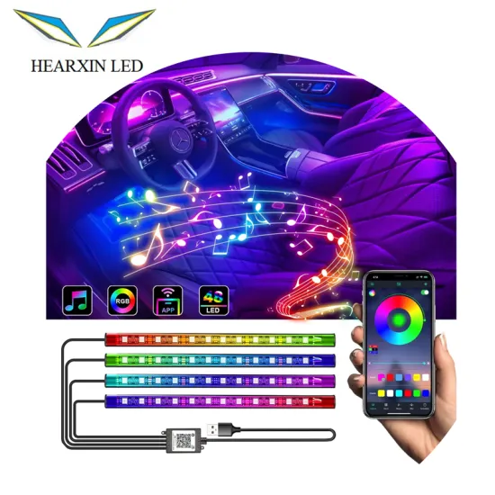 4In1 RGB LED Car Interior Ambient Foot Lights with USB App Music Wireless Control