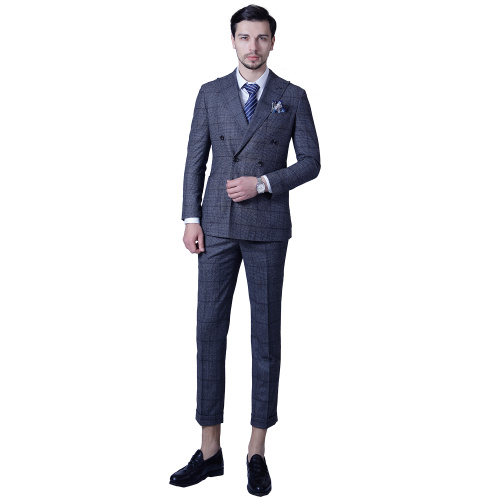 100% Wool Plaid Dark Grey Business Slim Suits