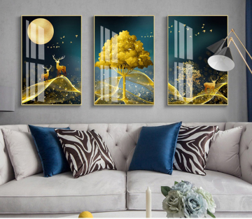 Golden Tree and Deer Crystal Porcelain 3 Panel Painting for Living Room Decor