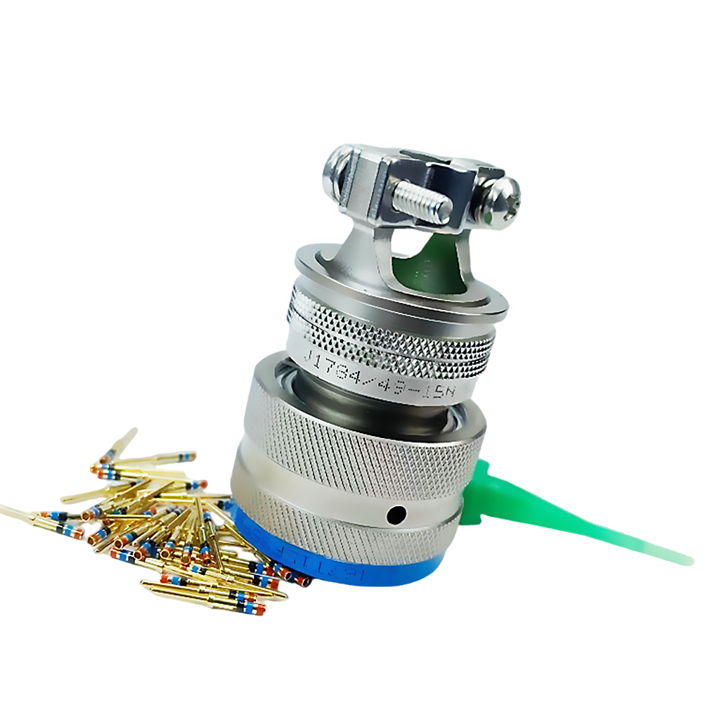 Complete military connector assembly JY27467T15F35PN with integrated conduit tail, ready for harness installation.