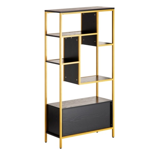 قفسه کتاب نمایش سیاه و طلایی با کابینت