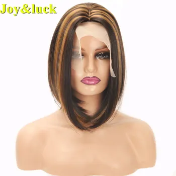 Brown Highlight Blonde Front Lace Wholesale Price Wigs For Women Natural Straight Short Bob Cut Lace Front Synthetic Ladies Hair