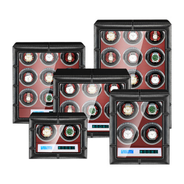 Black and Red Microfiber Leather Automatic Watch Winder featuring a Quiet Japanese Mabuchi Motor, LCD Touch Screen Display, and Remote Control
