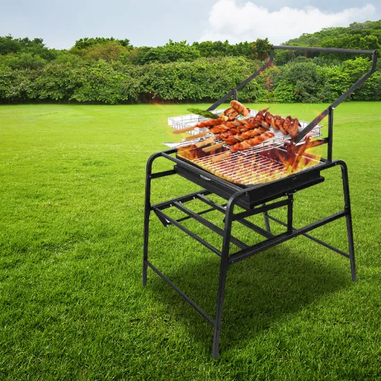 flexible handle stainless steel baking mesh carbon steel charcoal bbq rolling grill basket outdoor camping rotating bbq grill