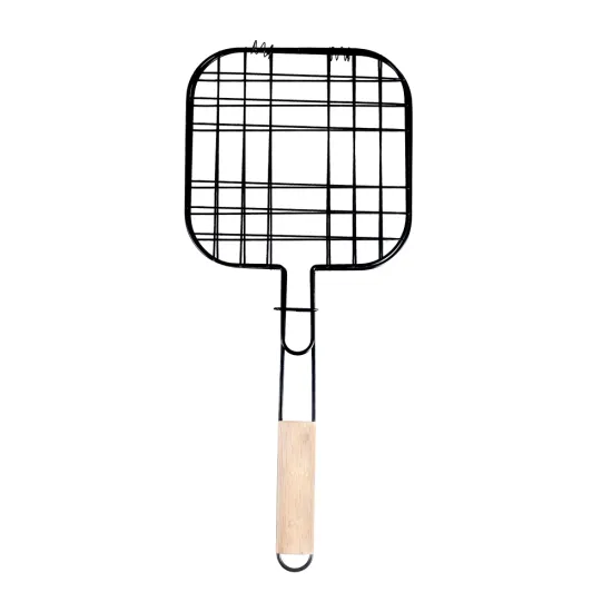 Non-Stick Stainless Steel Folding Barbecue Grill Basket and Rack with Wooden Handle
