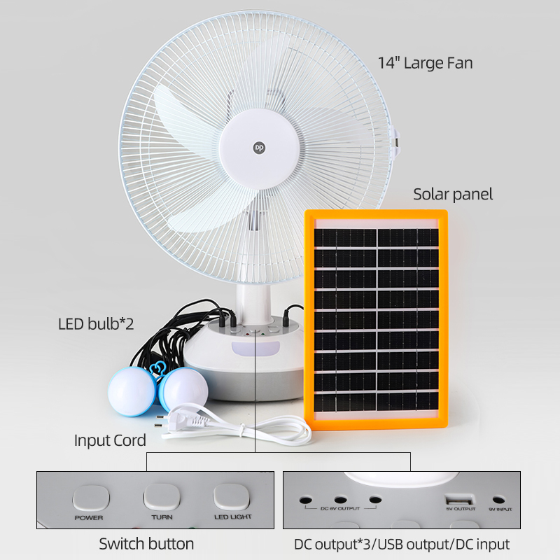 Rechargeable 14 inch Electric Oscillating Solar Fan with Light and Bulbs