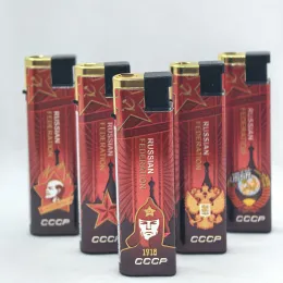 Refillable Metal Electric Butane Gas Cigarette Lighter with Russian Communist Party Paper Wrap
