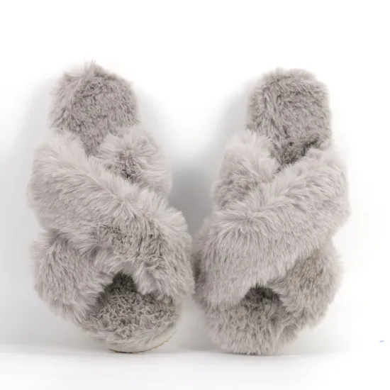 Fashion Cross Band Indoor Fluffy Rabbit Fur Slippers