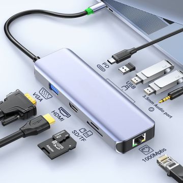 10-in-1 USB-C-Hub mit HDMI, VGA, RJ45, USB 3.0 und 3,5 mm Audio für Computerzubehör