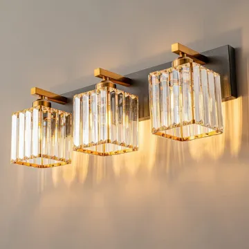 3 Lamp Crystal Brass Bathroom Vanity Lighting Fixtures - Gold Over Mirror