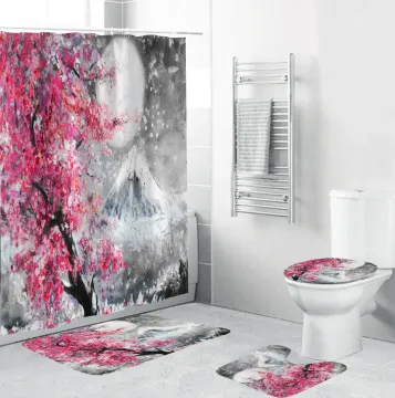 Mount Fuji Oil Painting Fabric Shower Curtains Cherry Blossoms Bathroom Curtain Anti-skid Rugs Toilet Lid Cover Bath Mat Set