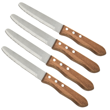 Round Tip Half Serrated 4-Piece Wooden Handle Steak Knife Set, 4.5 Inch
