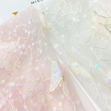 Colorful Beads Nigerian Mesh Lace Fabric Embroidery Lace Wedding Dress