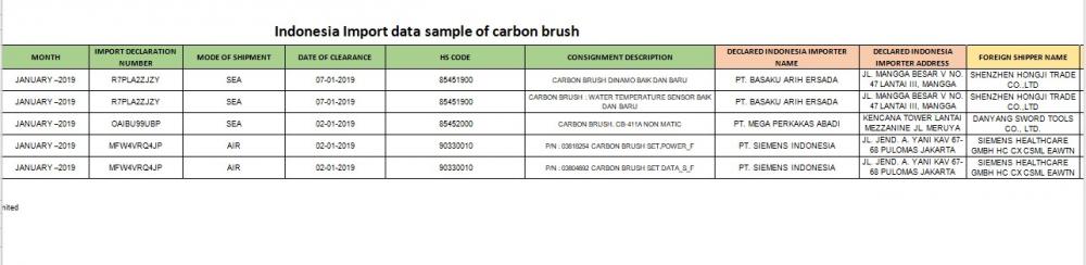 Escova de carbono de amostra de dados de importação da INDONÉSIA