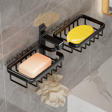 Black Double Layer Stainless Steel Adhesive Soap Dish with Hook for Shower/Bathroom