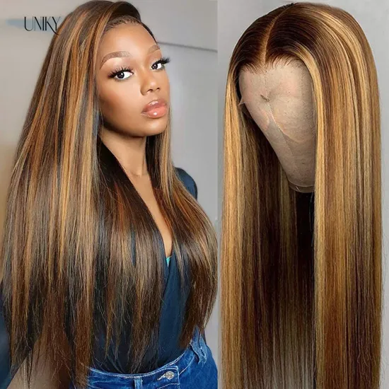 Uniky Hot honey brown silky straight deep part lace frontal wig 4 27 ombre color highlight virgin human hair 13*6 wig