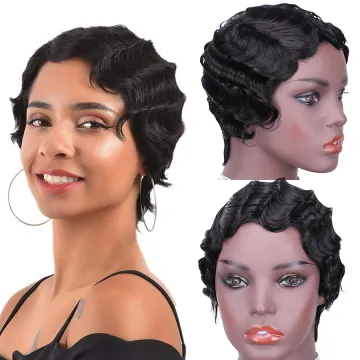 Cheap natural black Human Hair Wigs Natural Human Wig Brazilian Hair Full Machine Made Short  Finger Wave wigs for women