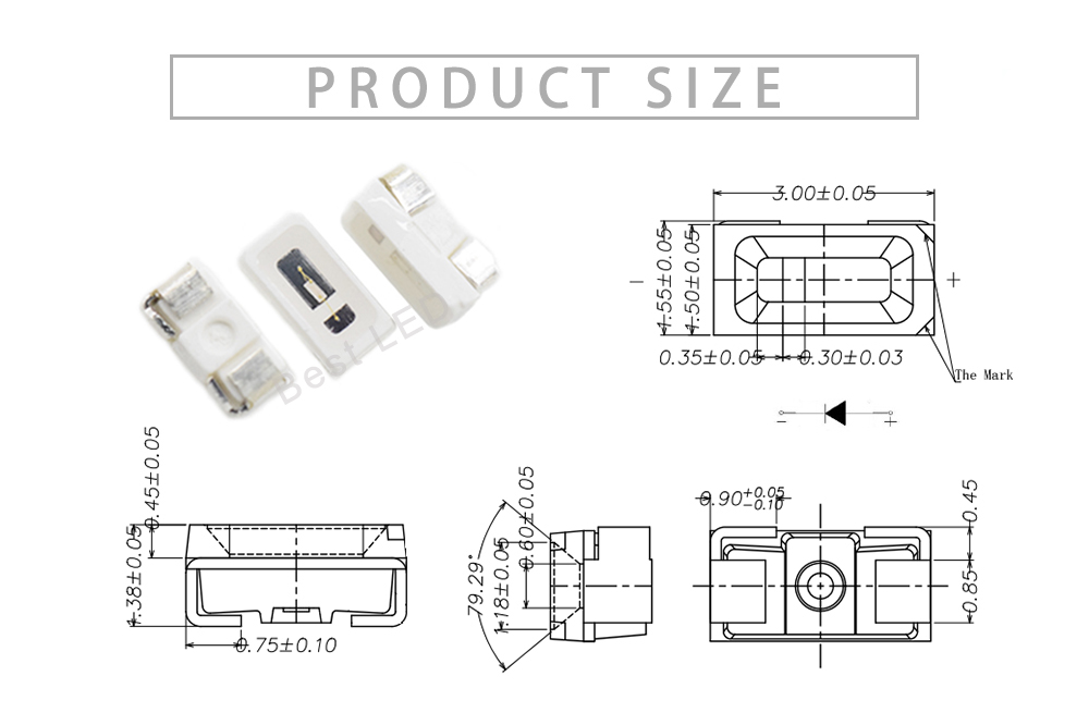 Size of 3015LGC52D5L12 Side Emitting LED Green 3014 SMD LED 520nm LED 525nm green LED