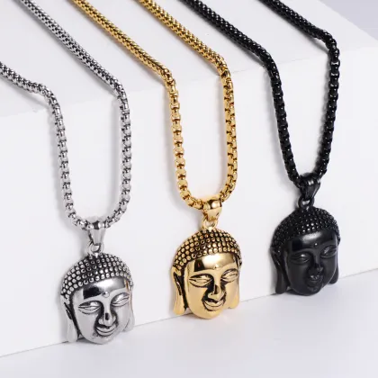 Stainless Steel Religious Jewelry: Explore Black, Silver, and Gold Buddha Pendant Necklaces