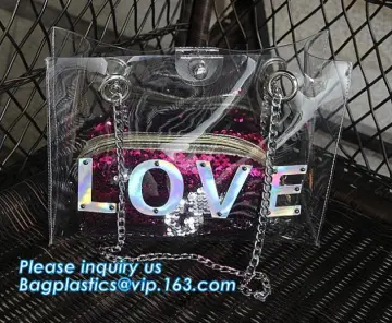 luxury handbag women chain shoulder bag clear PVC plastic tote bag, Tote Bag Clear Shoulder PVC Bag with Zipper
