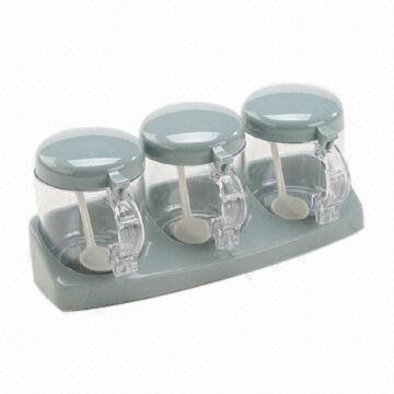Plastic 3-bowl Condiment Set, Made of PP and PS, Used as Condiment Dispenser with 3 Spoons
