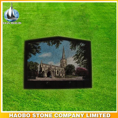 Colorful etching of landscape on black granite