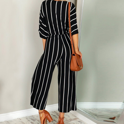 Overalls For Women Fashion summer Jumpsuit V-Neck Bodysuits Three Quarter Sleeve Striped Loose Jumpsuit Playsuit