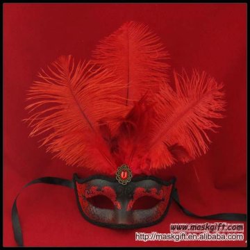 High quality plastic Venetian halloween mask in black and red Feather carnival mask