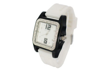 Ladies Rubber Strap Quartz Watch Luxury Japan Movt Watch With Rhinestone