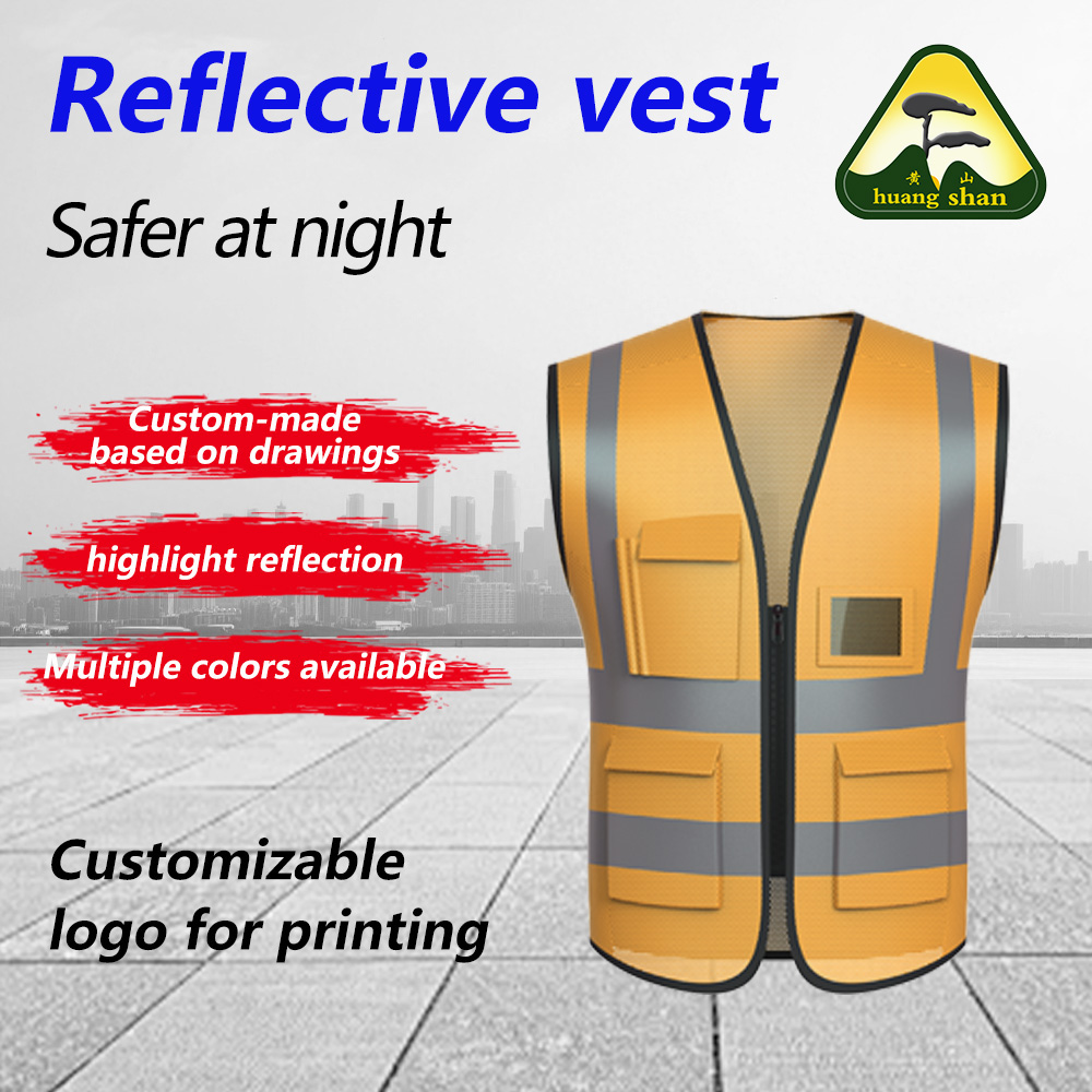 เสื้อกั๊กเซฟตี้ผ้าตาข่ายสีทองมีซิปหลายช่อง